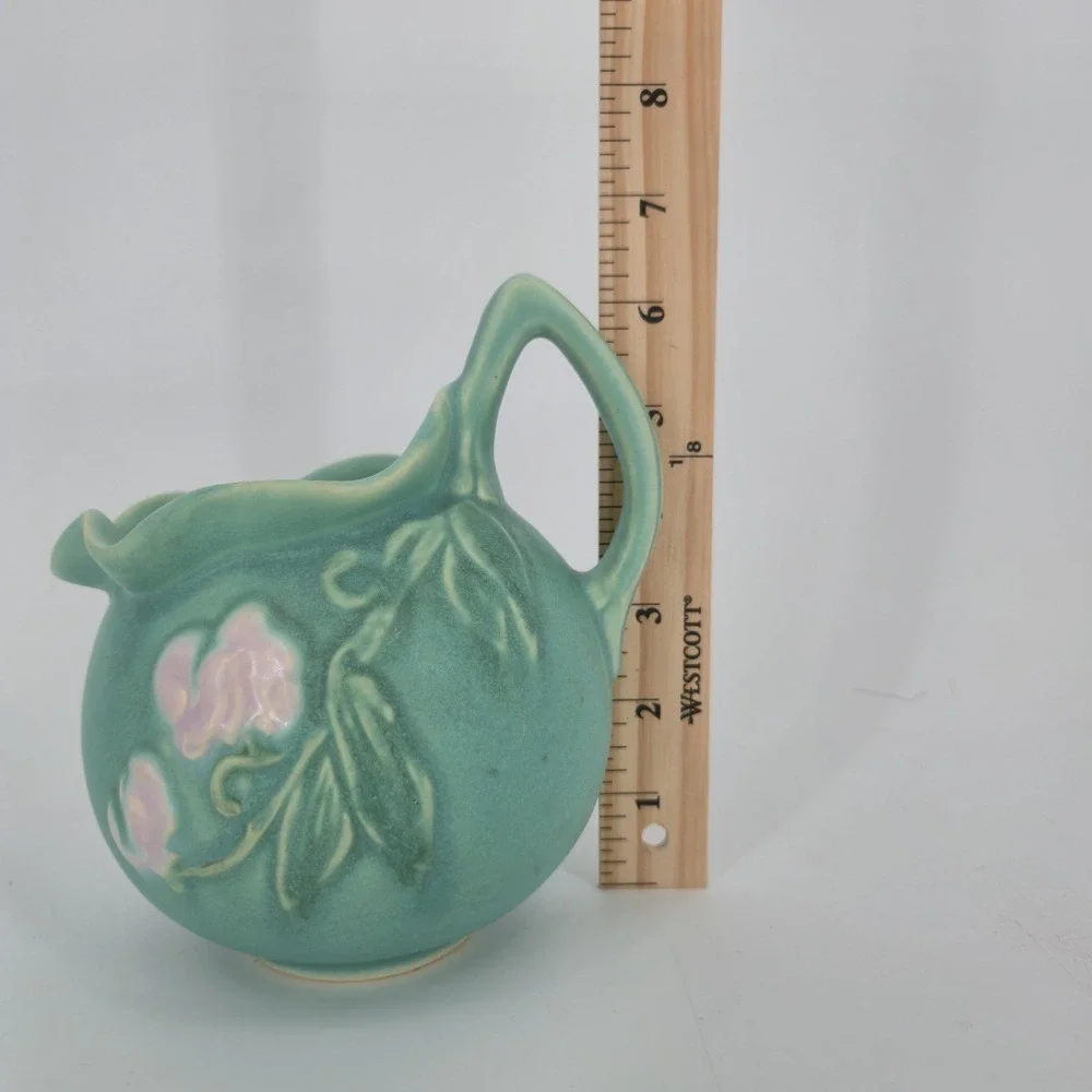 Vintage Weller Bouquet F-20 Turquoise Ball Pitcher Pink Floral Art Pottery 1930s